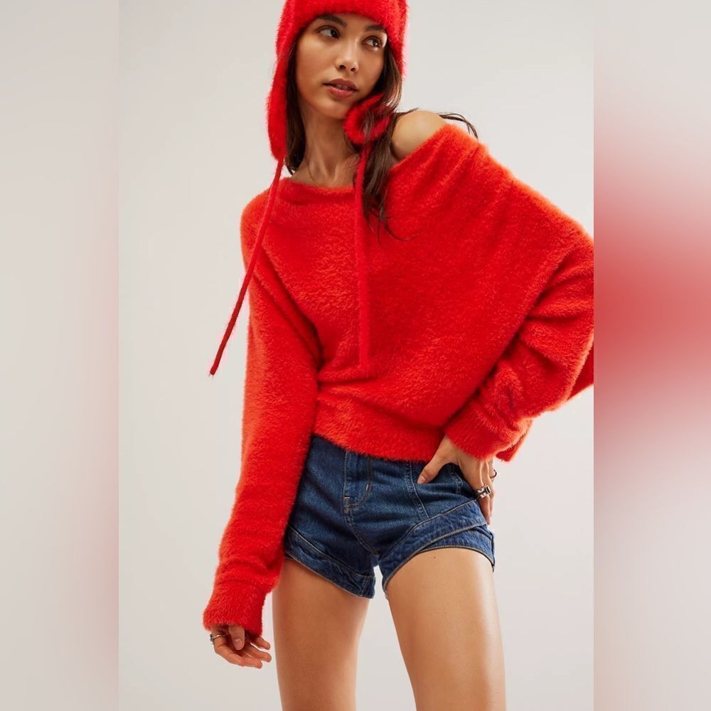 Free People Cozy Fuzzy V-Neck Sweater in Bright Red